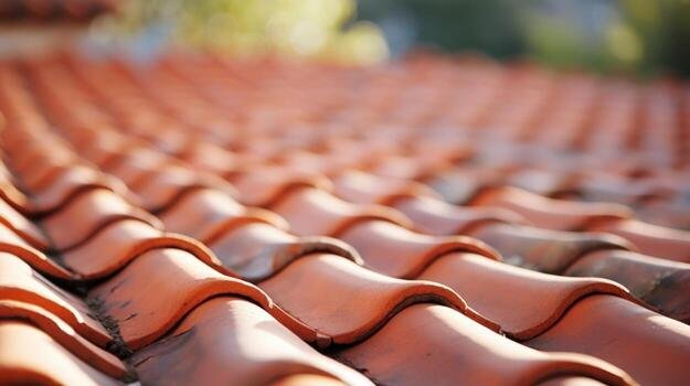 Home closeup of a traditional clay roof tile adding rustic charm to a modern building photo