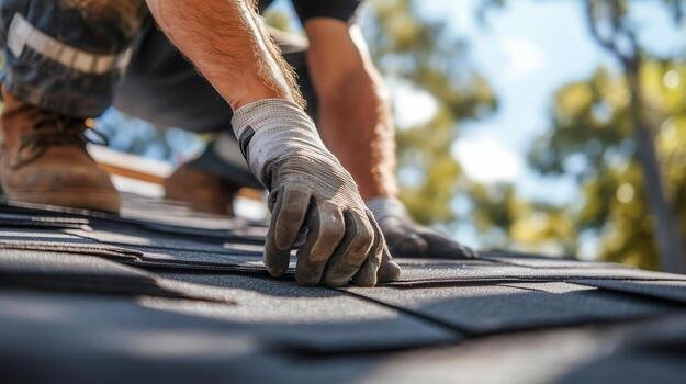 Home skilled worker installing shingles on a residential roof during a sunny afternoon photo